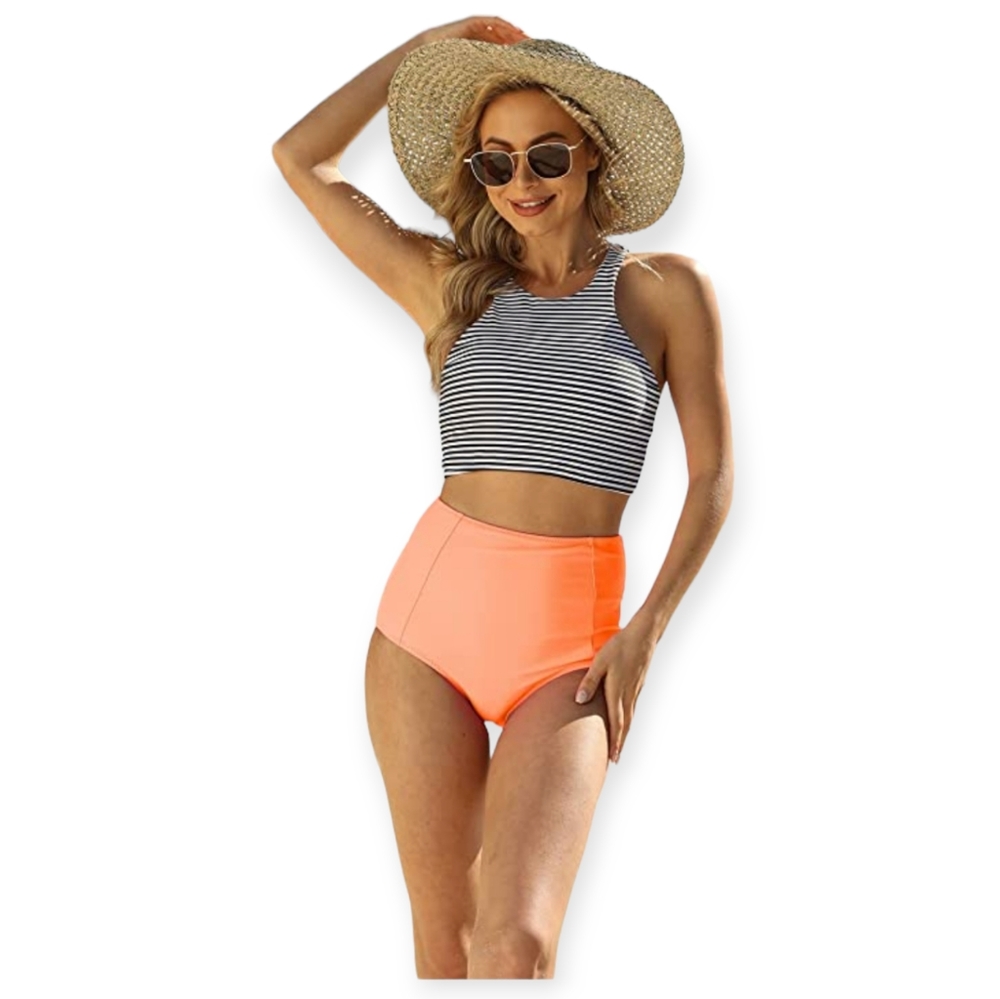 NWOT Mansy Women's 2PCS Stripe Padded Push Up High Waisted Bikini Swimsuit
